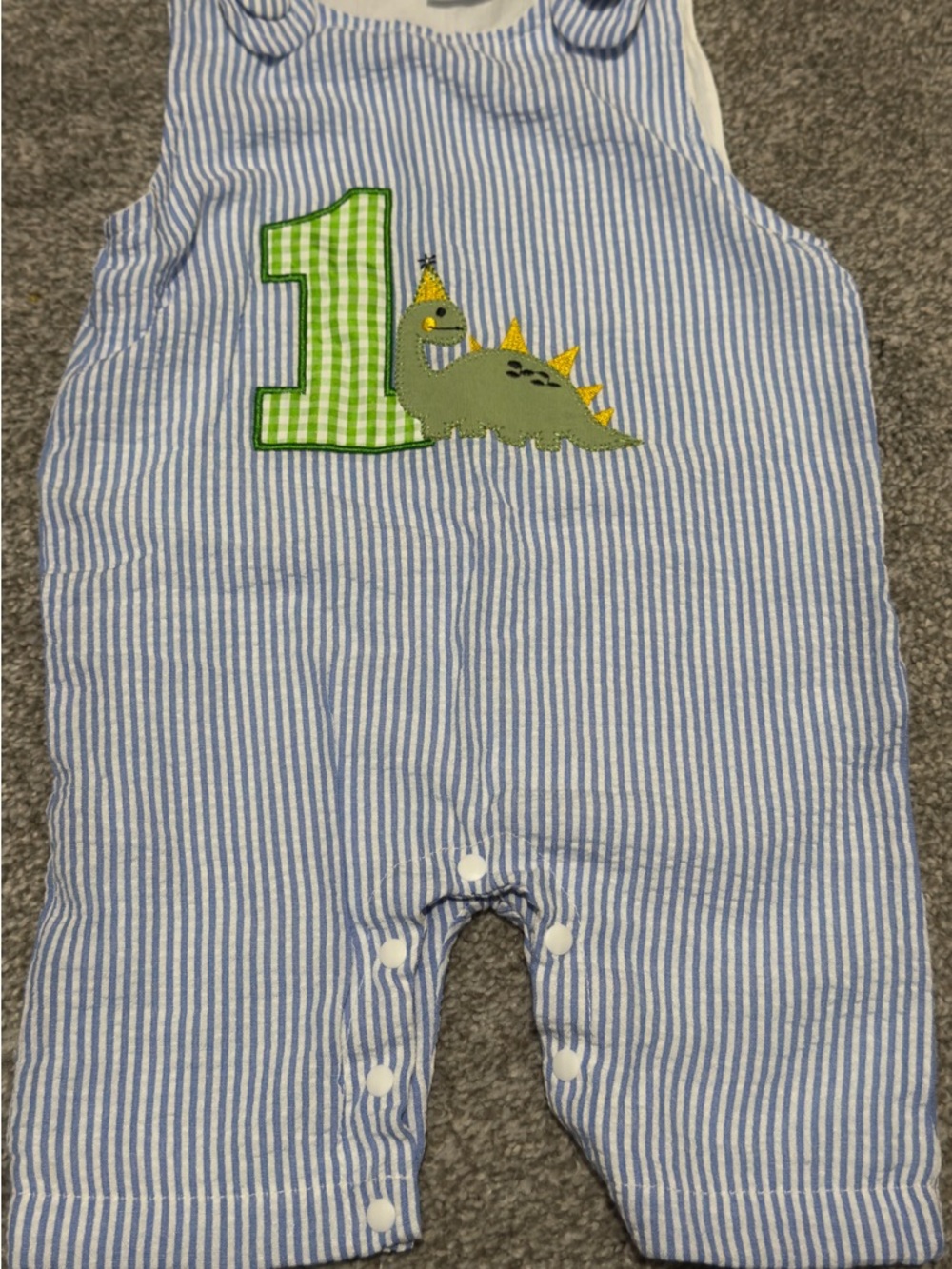 Blue Stripe Dino Appliqué One-Piece Bodysuit